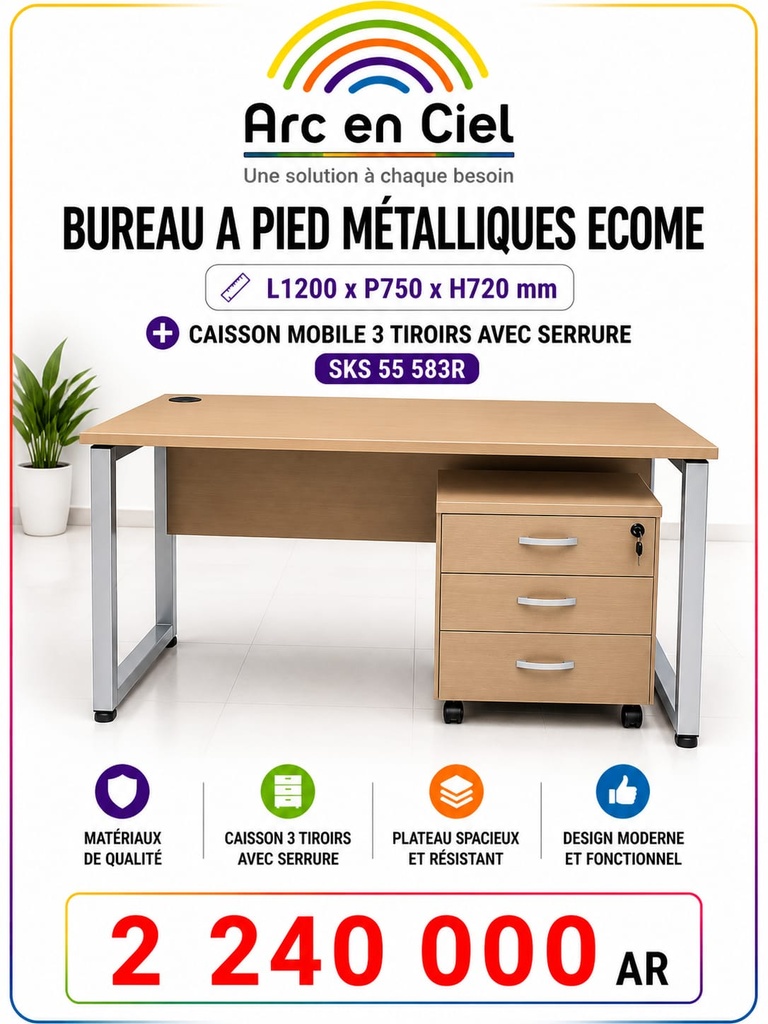 BUREAU A PIED METALLIQUES ECOME L1200XP750XH720mm + CAISSON MOBILES 3 TIRROIRS A SERRURE SKS 55 583R