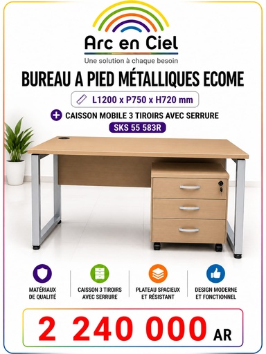 BUREAU A PIED METALLIQUES ECOME L1200XP750XH720mm + CAISSON MOBILES 3 TIRROIRS A SERRURE SKS 55 583R